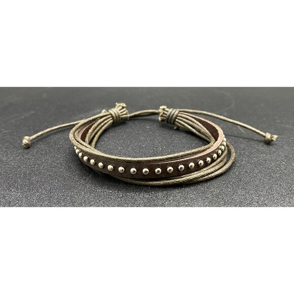 Leather Dark Brown & Silver Tone Studded Adjustable Handmade Unisex Bracelet - Picture 1 of 4